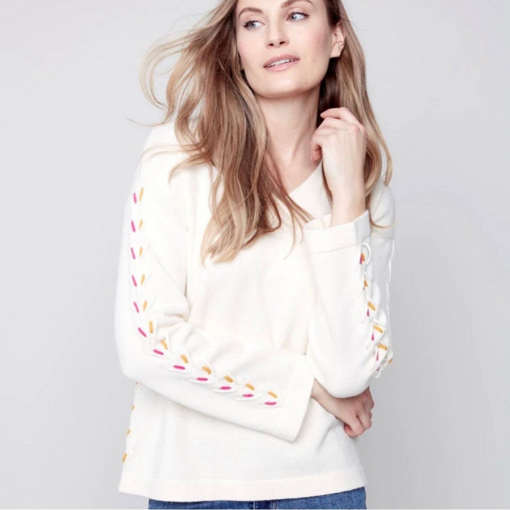 White Sweater with Colorful Sleeve Accents
